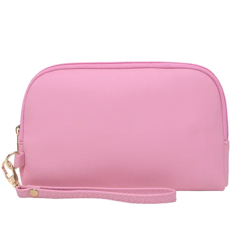 Waterdichte PU Leren Make-up Tas Voor Vrouwen Saffiano Patroon Kleine Cosmetische Pouch Met Polsbandje Gouden Rits