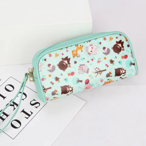Borsa a Pochette con Cerniera in Pelle Sintetica Stampata con Cartoni Animati e Fiori alla Moda Grande Capacità Custodia Portatile Organizer Trucco Cosmetici Necessaire Viaggio Astuccio Per Scuola Quotidiana