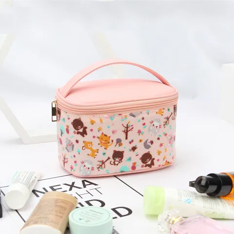 Draagbare Bedrukte Makeup Tas Grote Capaciteit Waterdicht PU Leer Emmer Vorm Reis Cosmetische Organizer Voor Dames Dagelijks Gebruik