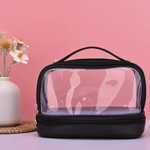 Bolsa de Maquillaje Impermeable en Capas de Cuero PU y PVC Transparente Estuche de Aseo de Viaje Gran Capacidad Organizador Cosmético