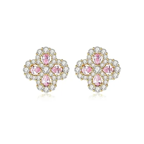 Elegant Zirconia Flower Stud Earrings For Women Four-Petal Floral Design Copper Electroplated Daily Jewelry Gift