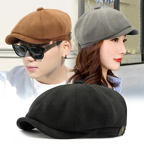 Vintage Faux Suede Newsboy Cap For Men Women Autumn Winter Octagonal Painter Hat Retro Baker Boy Cap Solid Color Warm Headwear