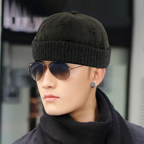 Vintage Knitted Miki Hat For Men Women Distressed Ripped Brimless Skullcap Yuppie Rolled Edge Beanie Cap Retro Streetwear Casual Winter Warm Hat