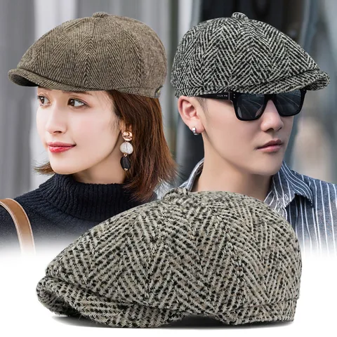 Retro British Herringbone Newsboy Cap For Men Women Casual Octagonal Hat Autumn Winter Warm Polyester Baker Boy Beret