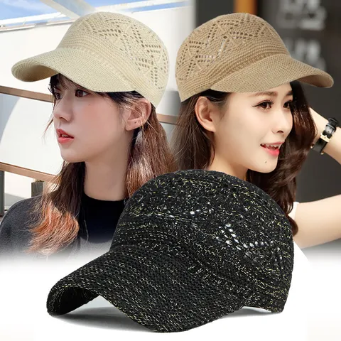 Hollow Out Knitted Baseball Cap Women Summer Sun Protection Breathable Mesh Sun Hat Fashion Solid Color Outdoor Adjustable Visor Cap