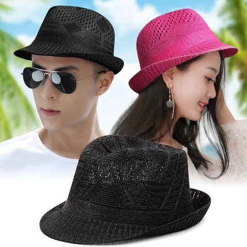 Sombrero de Sol Fedora Transpirable de Verano para Hombres Mujeres Estilo Británico Informal Sombrero de Paja Calado para Playa Protección Solar