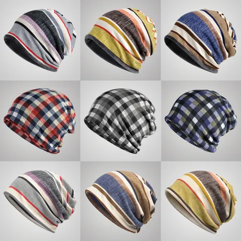 Unisex Slouchy Beanie Hat Plaid Striped Neck Warmer Soft Fleece Lined Winter Warm Knit Cap For Men Women Outdoor Daily Accessory
