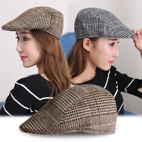 Coppola Vintage Stile Britannico a Quadri in Lana per Uomo Donna Autunno Inverno Caldo Berretto Piatto Regolabile Unisex Copricapo