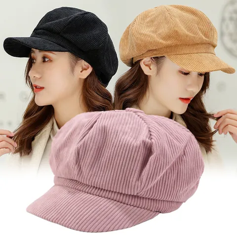 Vintage Corduroy Newsboy Cap For Women Solid Color Octagonal Hat Retro Painter Hat Autumn Winter Literary Cabbie Cap