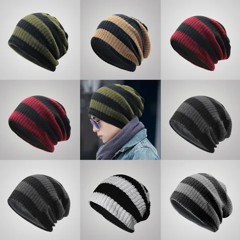 Striped Knit Beanie Hat For Men Women Winter Warm Slouchy Beanie Korean Style Soft Acrylic Blend Striped Hat Casual Wear