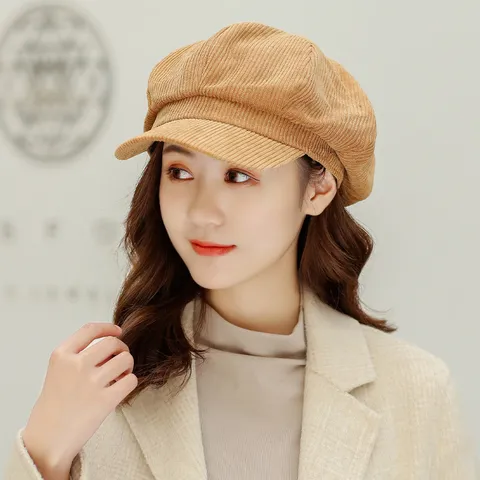 Vintage Corduroy Newsboy Cap For Women Solid Color Octagonal Hat Retro Painter Hat Autumn Winter Literary Cabbie Cap
