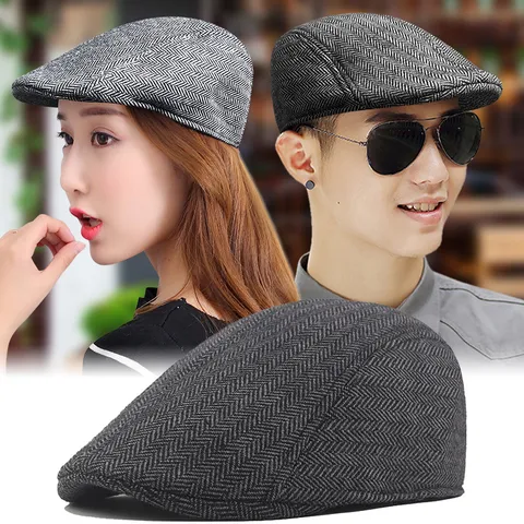 British Vintage Herringbone Beret Flat Cap Men Women Winter Warm Cotton Polyester Blend Newsboy Hat Outdoors Casual Duckbill Cap