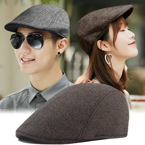 British Vintage Herringbone Beret Flat Cap Men Women Winter Warm Cotton Polyester Blend Newsboy Hat Outdoors Casual Duckbill Cap
