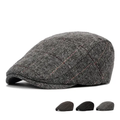 Men's British Vintage Herringbone Wool Blend Newsboy Cap Winter Warm Adjustable Flat Beret Hat For Middle-Aged Elder Daily