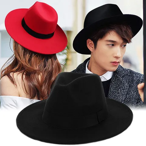 Vintage British Style Wide Brim Fedora Hat Unisex Autumn Winter Warm Polyester Felt Jazz Panama Hat with Decorative Band