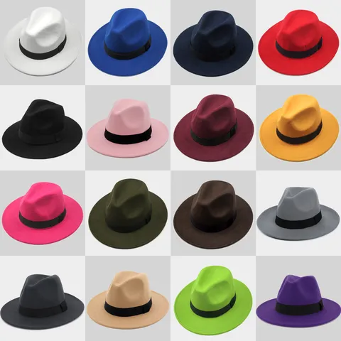Vintage British Style Wide Brim Fedora Hat Unisex Autumn Winter Warm Polyester Felt Jazz Panama Hat with Decorative Band