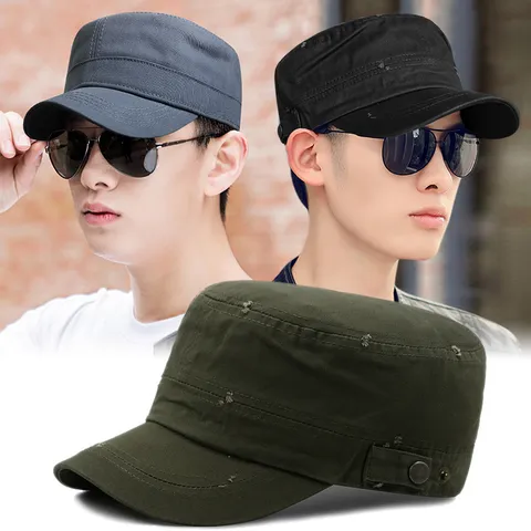Unisex Washed Cotton Cadet Cap Flat Top Military Hat Outdoor Sunshade Casual Vintage Peak Cap For Men Women