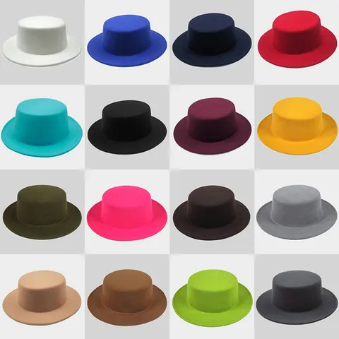 Retro British Style Polyester Flat Top Wide Brim Boater Hat For Men Women Autumn Winter Vintage Solid Color Felt Hat