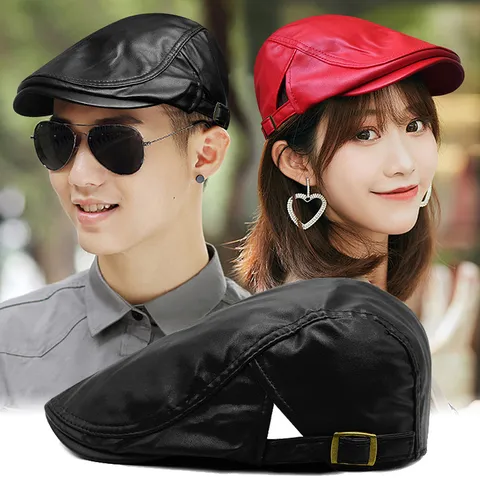 Boina de Cuero de PU Hombre Mujer Vintage Simple Ajustable Gorra Plana Protección Solar Aire Libre Accesorios Casuales