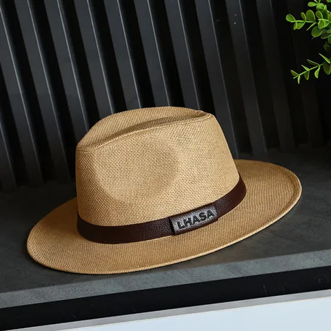 Sombrero de Paja Panama para Hombre Verano Ala Ancha Parasol Playa Fedora de Caballero Con Decoración de Hebilla de Cinturón de Cuero