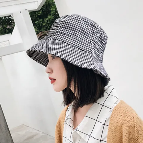 Bob Unisexe Style Anglais Simple Carreaux Noir et Blanc Protection Solaire Extérieur Décontracté en Coton Polyester