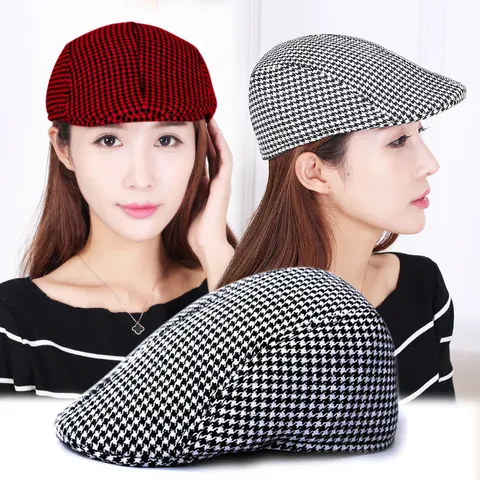 Vintage Houndstooth Beret Hat For Men Women Winter Warm Quilted Flat Cap Casual Outdoor Hunting Newsboy Cap Unisex Duckbill Hat