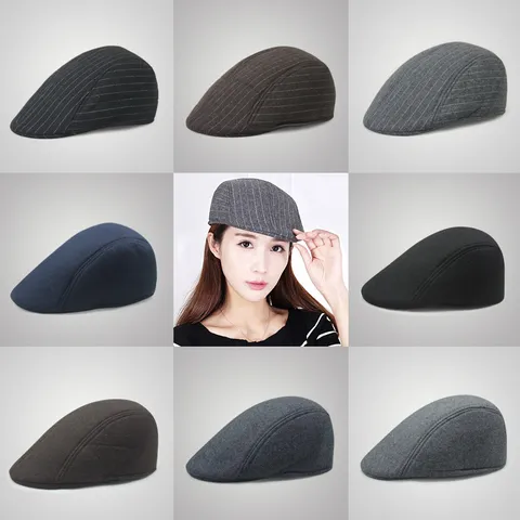 Winter Warm Woolen Beret Hat For Men Women Striped Flat Cap Casual Ivy Cabbie Driving Hat Full Closure Baker Boy Cap