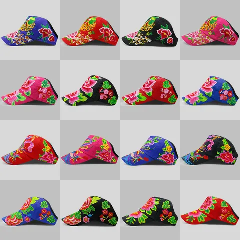 Visera Parasol con Bordado Floral de Estilo Étnico para Mujer Gorra de Béisbol Vintage con Techo Hueco Ajustable para Playa