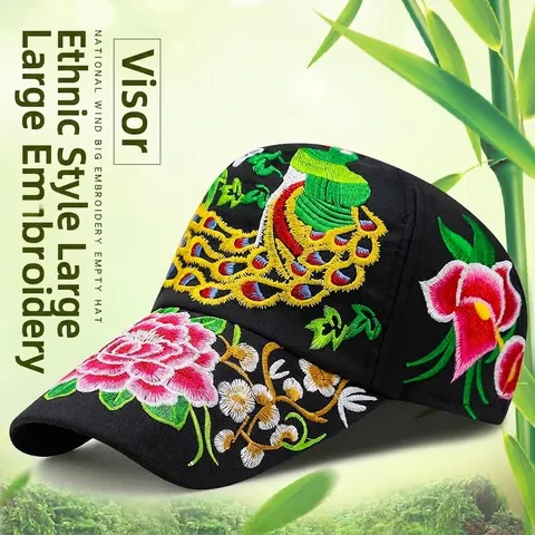 Visera Parasol con Bordado Floral de Estilo Étnico para Mujer Gorra de Béisbol Vintage con Techo Hueco Ajustable para Playa