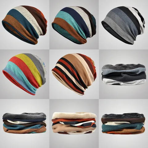 Unisex Slouchy Beanie Hat Colorful Stripe Knit Cap Soft Cotton Polyester Blend Neck Warmer Fleece Lined Winter Warm Headwear