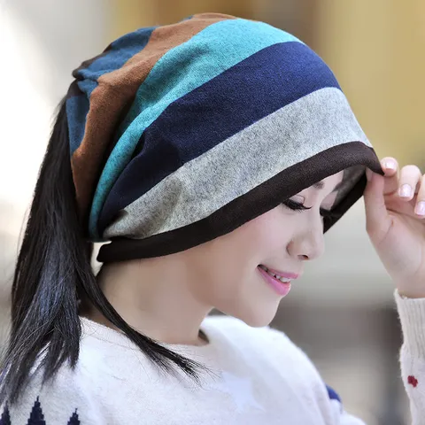 Unisex Slouchy Beanie Hat Colorful Stripe Knit Cap Soft Cotton Polyester Blend Neck Warmer Fleece Lined Winter Warm Headwear