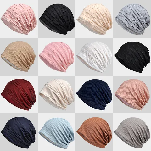 Women Breathable Hollow Turban Hat Thin Polyester Blend Pleated Beanie Slouchy Wrap Hat For Postpartum Sleeping Outdoor Casual Cap
