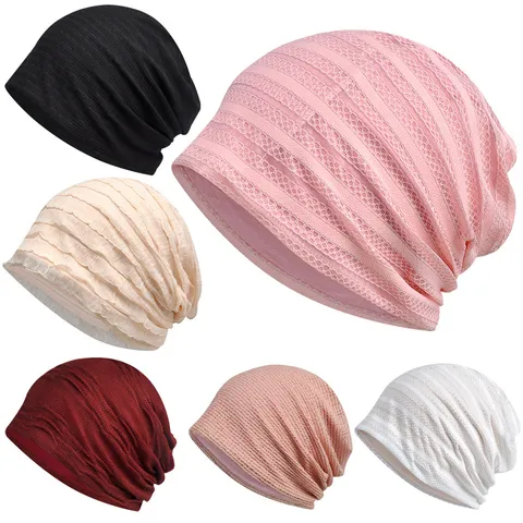 Women Breathable Hollow Turban Hat Thin Polyester Blend Pleated Beanie Slouchy Wrap Hat For Postpartum Sleeping Outdoor Casual Cap