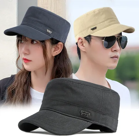 Baumwolle Flache Oberseite Cadet Cap Armee Hut Verstellbar Lässig Mode Outdoor Sonnenschirm Kappe Für Herren Damen Militär Stil