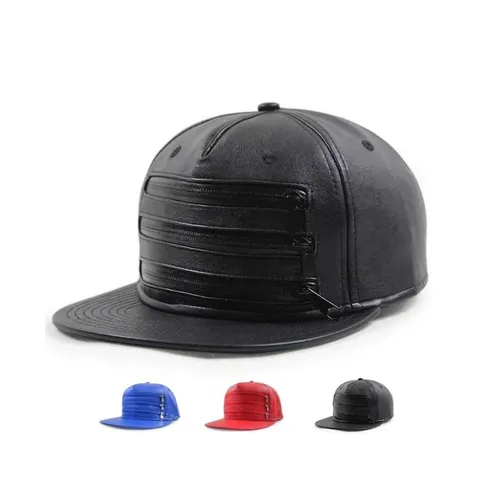 Unisex PU Leather Hip Hop Snapback Hat With Three Zipper Design Fashion Streetwear Flat Brim Baseball Cap For Men Women