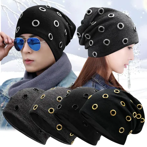 Punk Style Knit Beanie Hat With Metal Rings Hip Hop Slouchy Turban Hat For Men Women Autumn Winter Warm Outdoor Soft Polyester Cotton Blend Headwear