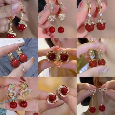 French Vintage Ankara Red Bow Flower Tassel Earrings For Women Light Luxury Rhinestone Artificial Pearl Drop Earrings Party Lady Style Jewelry