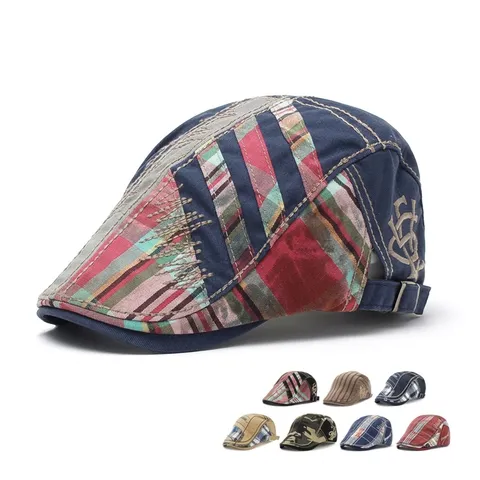 Retro Cotton Blend Newsboy Cap For Men Women Vintage Patchwork Plaid Flat Cap Artistic Beret Hat With Adjustable Metal Buckle Casual Outdoor Sun Hat