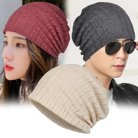 Unisex Transpirable Delgado Gorro Slouchy Y Calentador De Cuello Doble Uso Calado Rayado Mezcla De Poliéster Sombreros Suaves Para Primavera Verano