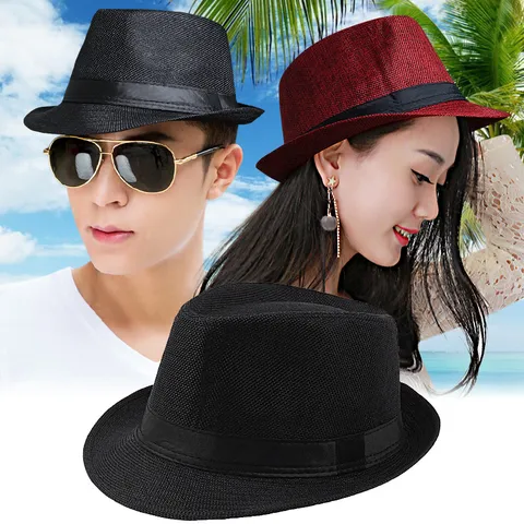 British Retro Linen Fedora Hat For Men Women Breathable Summer Sun Protection Beach Straw Trilby Hat Parent-Child Outdoor Cap