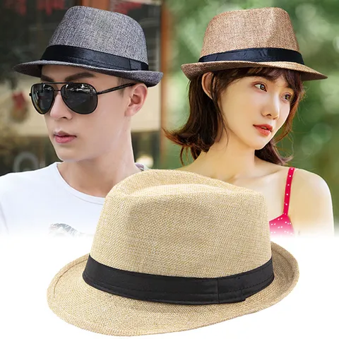 British Retro Linen Fedora Hat For Men Women Breathable Summer Sun Protection Beach Straw Trilby Hat Parent-Child Outdoor Cap