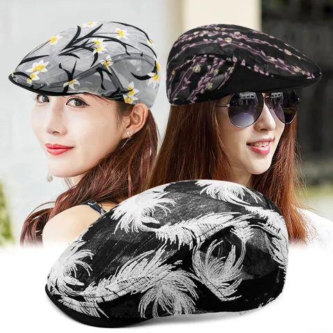 Women Men Breathable Mesh Lace Flower Beret Sunshade Hat Outdoor Casual Hollow Embroidery Flat Cap Spring Summer Fashion Accessory