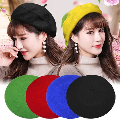Women Sweet Retro Wool Blend Beret Hat Winter Warm Artist Painter Cap For Kids Adult Solid Color Fashion Autumn Hat