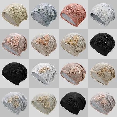 Women Lace Floral Beanie Hat Breathable Turban Headscarf Casual Cotton Blend Hollow Out Flower Skullies Hat With Rhinestone