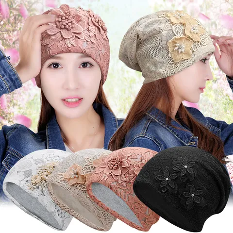 Women Lace Floral Beanie Hat Breathable Turban Headscarf Casual Cotton Blend Hollow Out Flower Skullies Hat With Rhinestone