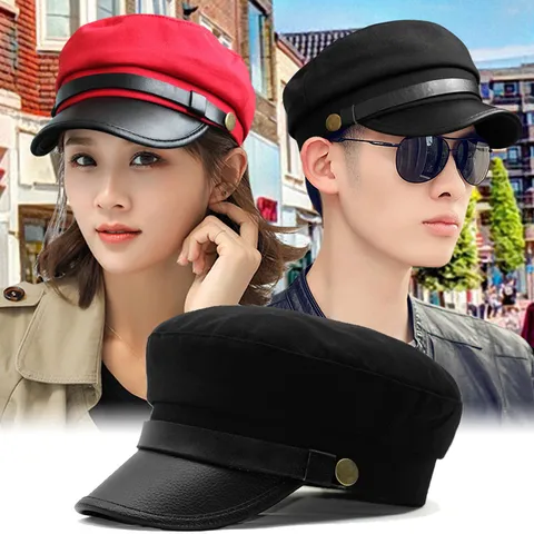 Berretto a Cima Piatta da Capitano in Stile Vintage Britannico Uomo Donna Retro in Cotone Tesa in Pelle PU Cappello da Marinaio Nautico