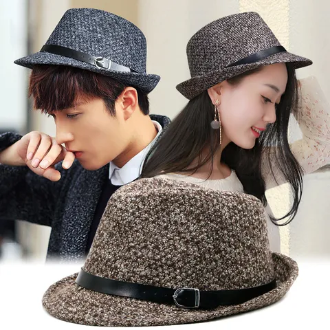 British Vintage Plaid Pineapple Woolen Fedora Hat For Men Women Autumn Winter Warm Gentleman Jazz Hat With Leather Belt Buckle