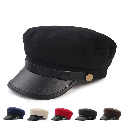 Berretto a Cima Piatta da Capitano in Stile Vintage Britannico Uomo Donna Retro in Cotone Tesa in Pelle PU Cappello da Marinaio Nautico