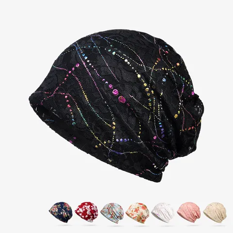 Women Lace Jacquard Beanie Hat Floral Hollow Out Breathable Skull Cap Thin Headwrap For Maternity Outdoor Fashion Accessory