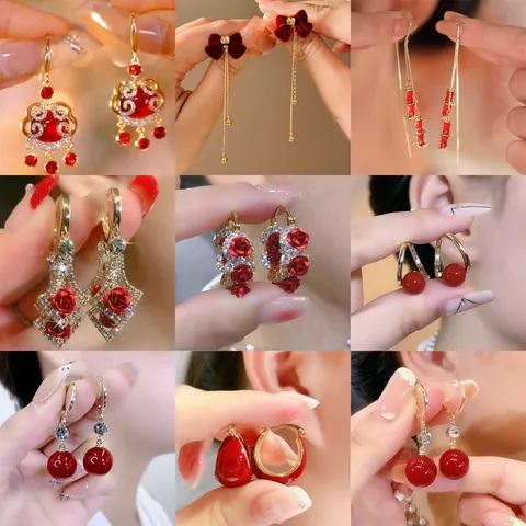French Retro Ancora Red Artificial Pearl Pixiu Earrings Elegant Gold Plated Rhinestone Drop Earrings For Women Jewelry